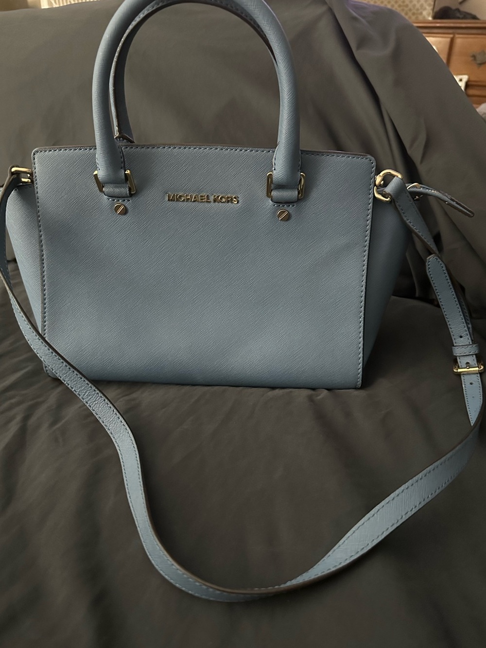 Michael Kors Light Blue Leather Satchel with Gold Hardware